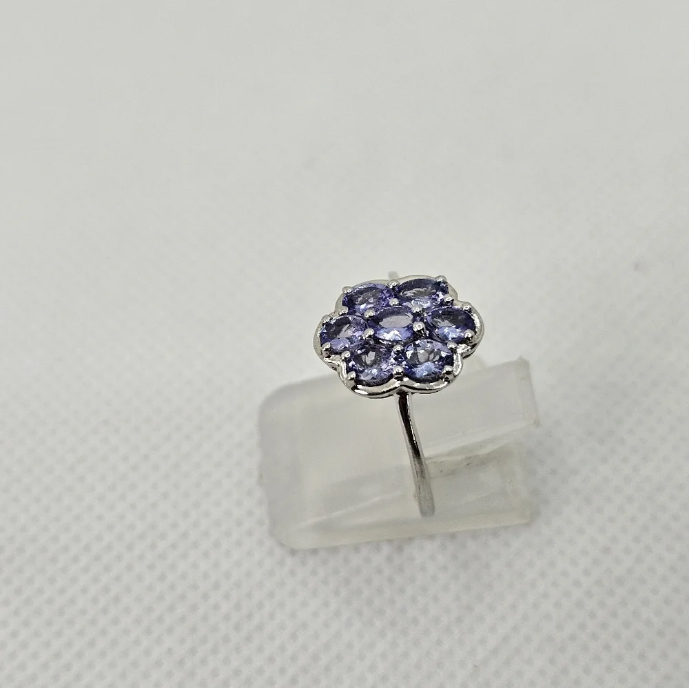 Dainty Natural Tanzanite Ring Sterling Silver Platinum Finish. Size 8!